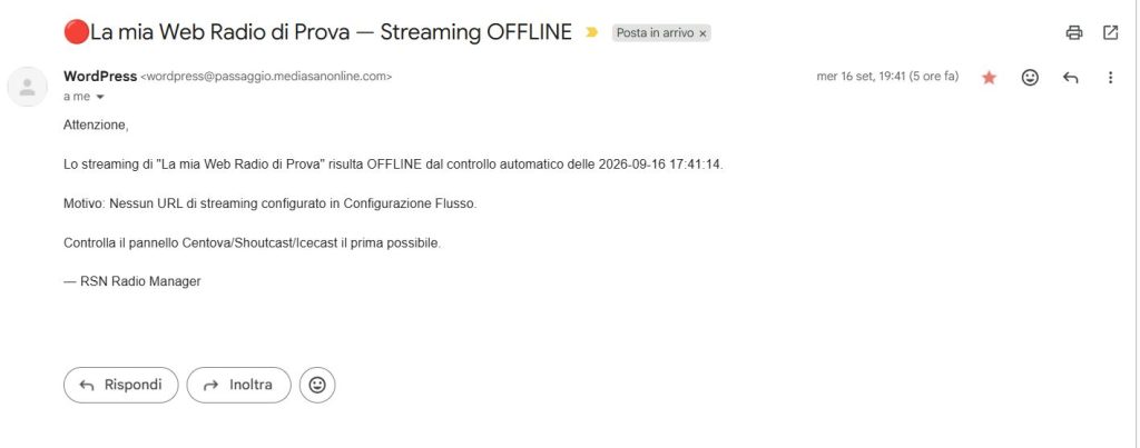allarmi email se il server giu e quando ritorna online risulta OFFLINE